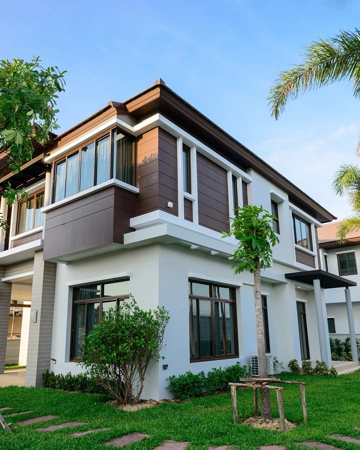 A modern house with a beautiful garden